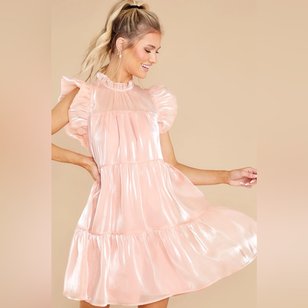 Shimmer Peach Mini Ruffle Dress